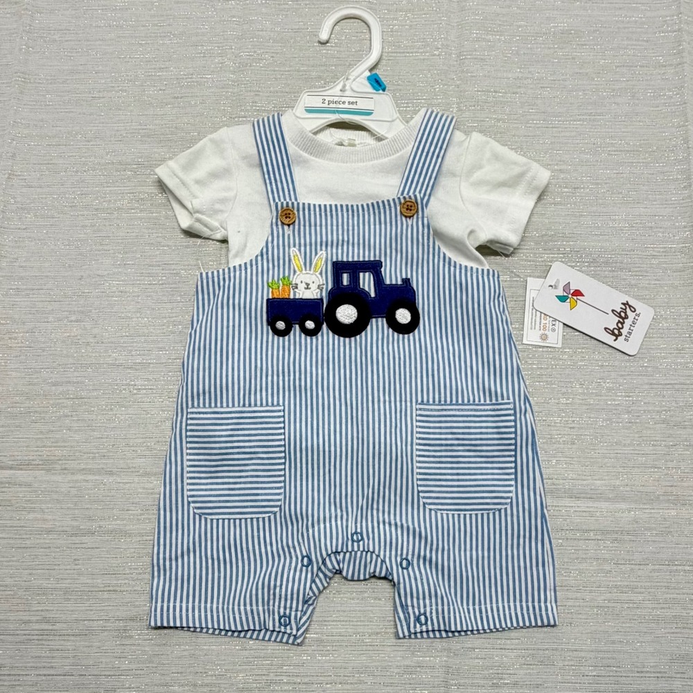 Baby Starters Boys 2 Piece Set Blue Striped Tractor Bunny Overalls Easter Spring
